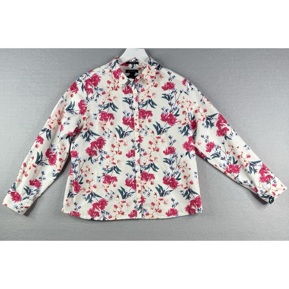 Lands End No Iron Supima Button Down Top Womens Size 16P Floral Pink Spring